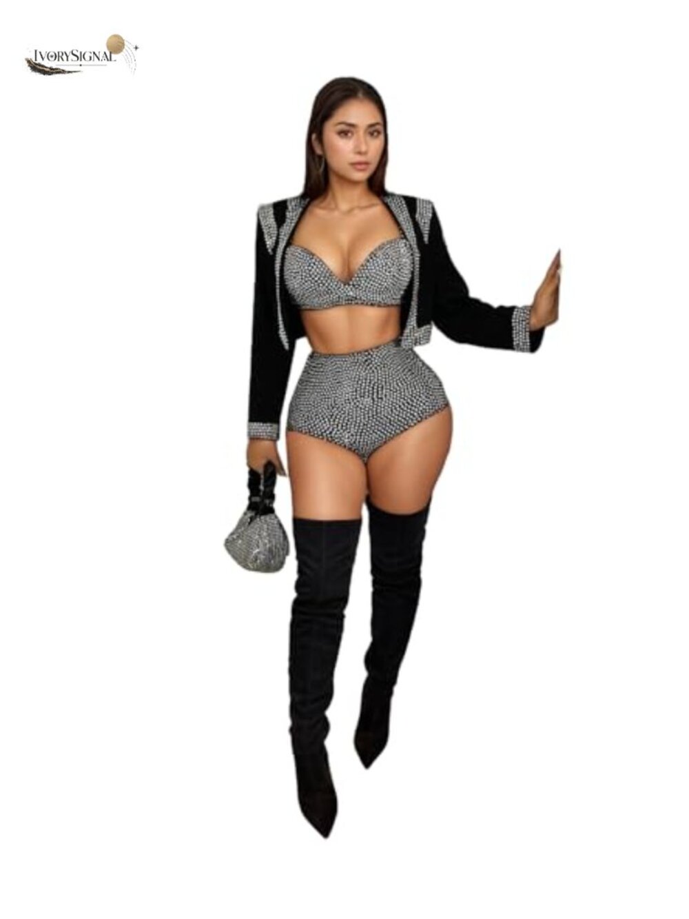 Rhinestone Mesh Jumpsuit 3 Piece Party Romper Bodycon Long Sleeve See Through
